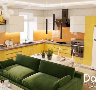 Яркая кухня-гостиная жёлто-зелёная