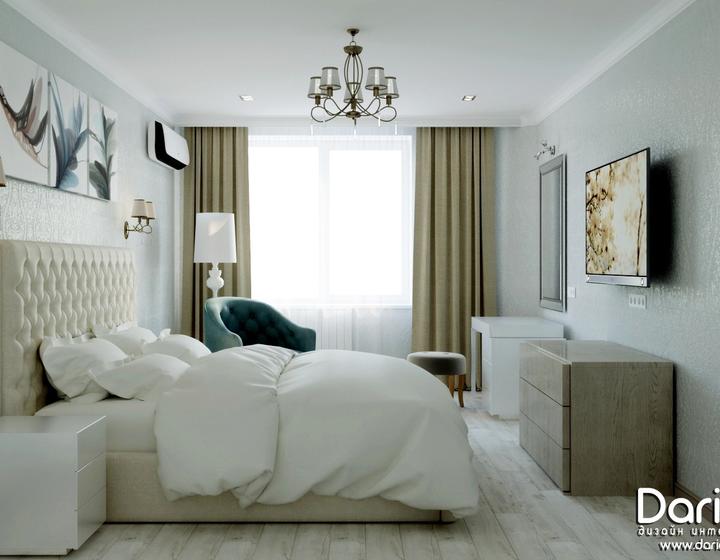Дизайн интерьера спальни в современном стиле с элементами классики, 22.8кв.м.